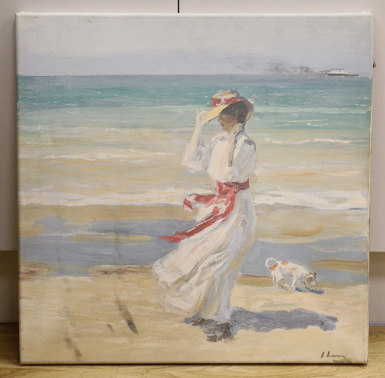 After Sir John Lavery, oil on canvas, Woman and dog on the seashore, bears signature, 50 x 51cm, unframed